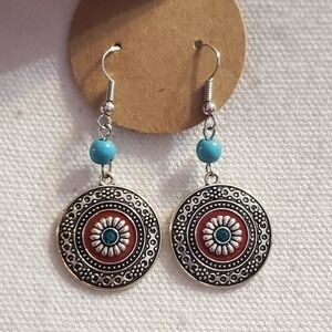 New Boutique Women's Bohemian Red & Teal Mandala Earrings